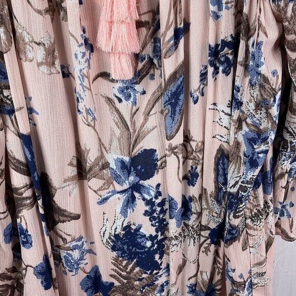Umgee Floral Bell Flounce Sleeve Tunic Blouse Ruffle Tassel Tie Neck Boho L NWT - Picture 3 of 10
